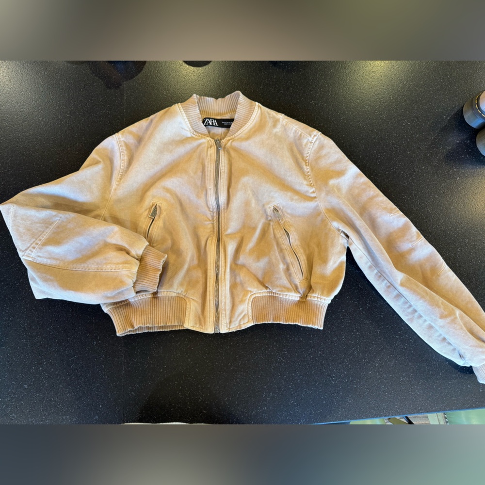 Zara Beige Zip-Up Bomber Cropped Jacket - Medium